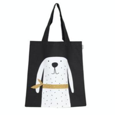 Bosse Tote Bag, Black.  Black bag with printed white spotty dog with long ears.