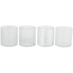 Tea Light Holl Glass et of 4 Assorted designs, dots, vertical lines, horizontal lines and tip design
