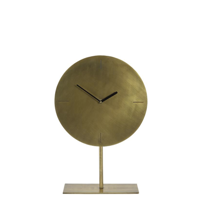 Waiwo brass clock, on base, plan black clock arms. metal