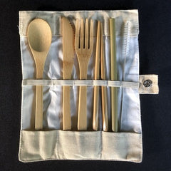 Bamboo Cutlery Set, 7-pieces. Includes spoon, knife, fork, chopsticks, bamboo straw and wire straw brush cleaner.