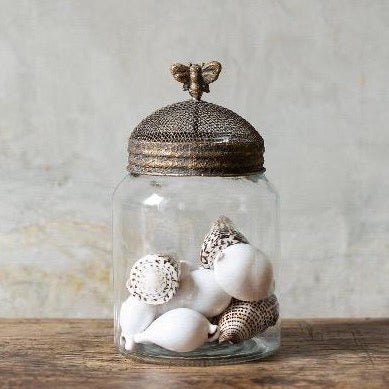 Glass Jar with Gold Mesh Lid and BubbleBee top, filled with white seashells in this image