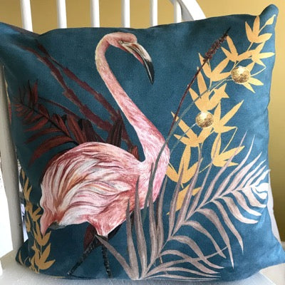 Teal Vegan Suede Cushion with Pink Flamingo illustration