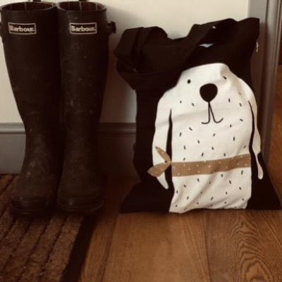 Black cotton tote bags with White and black spotty dog with floppy ears