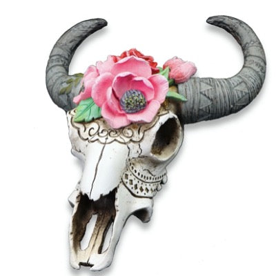 Ram Skull with Pink Flowers wall hanging sculpture
