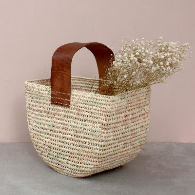 Half Moon Shaped woven Basket with Tan leather handle