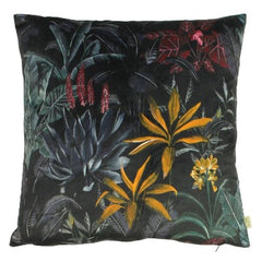 Zinara Leaf Velvet Cushion in black with mustard, blue, red and green coloured foliage