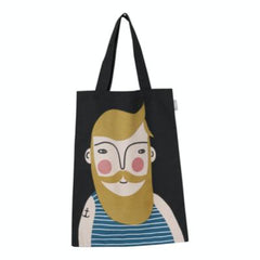 Frank Tote Bag, Black bag with image of Frank brown hair and long beard. Stripe tank top and anchor tattoo on arm.