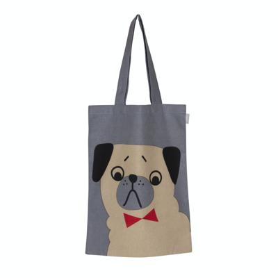 Penny Tote Bag, Grey. Grey bag with penny the beige dog with black ears.
