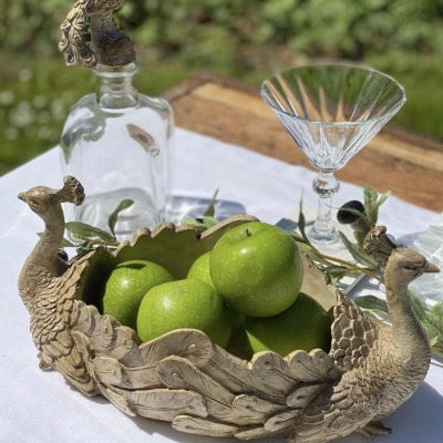 Peacock Display Bowl, filled with green apples