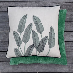 Cream cotton cushion, black & green palm leafs print. Black pipping edge.