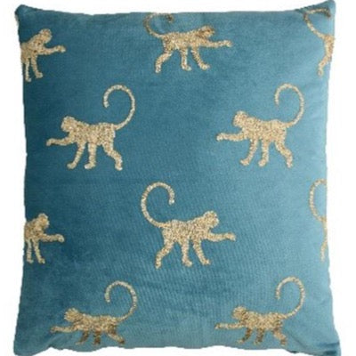 Safari Elephant Monkey Blue Velvet Cushion, gold embroidered repeat monkey's on front cover