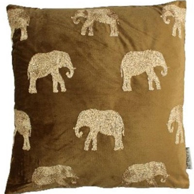 Safari Elephant Brown Embroidered Velvet Cushion