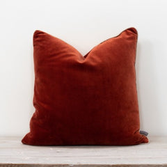 Rust Velvet Cushion 50x50xm with cream cotton piping for the ultimate luxury look