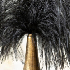 Close up view of black feathers on a gold centre piece