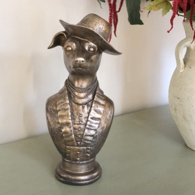 Dog bust with top hat suit and beaded necklace in bronze