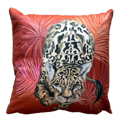 Prowl Vegan Suede Cushion Red in colour with black white and brown leopard print