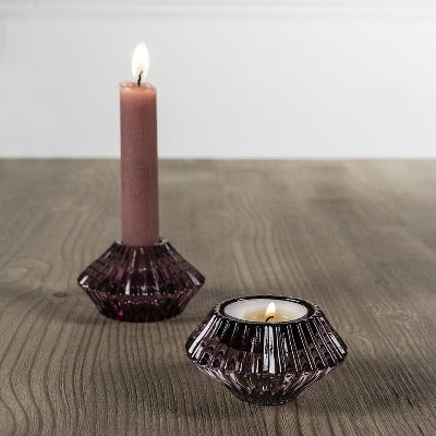 Mini Ribbed Amethyst Glass Votive and Candle Holder on the reverse sid