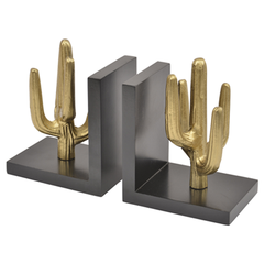 Textured brass cactus with black wooden base bookends