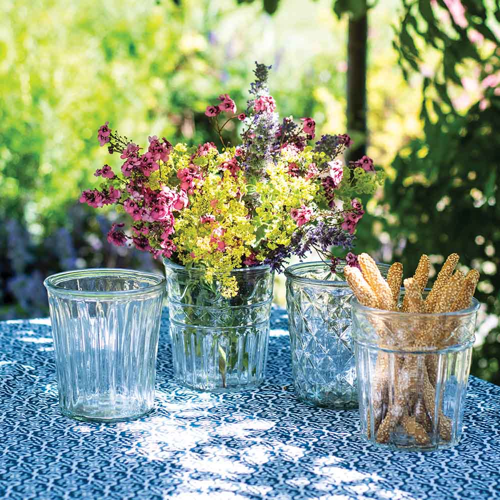 Vintage glass flower pots, tea light candle holders, set of 4, in assorted designs, 
