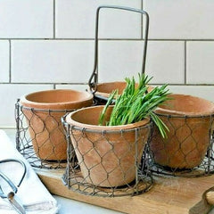 Wire basket with a set of 4 redstone pots,  rustic table centre piece