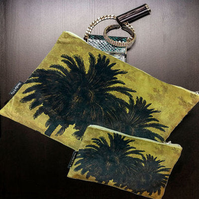Velvet Makeup Bag & Pouch, Mustard Palm. Velvet outer, cream cotton lining, zip opener