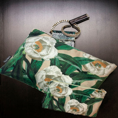 Velvet Makeup Bag & Pouch, White Floral.  Cream background with vibrant white flowers and green leaves.
