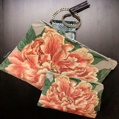 Velvet Makeup Bag & Pouch set, Coral Peony. Velvet cream, coral and green print.  Cream cotton lining.