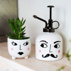 Mister & Mrs Plant Set.  White Mister and mini plant pot with Mr & Mrs Faces painted on them.