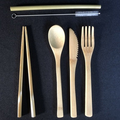 Bamboo Cutlery Set, 7-pieces. Includes spoon, knife, fork, chopsticks, bamboo straw and wire straw brush cleaner.