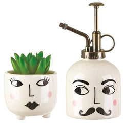 Mister & Mrs Plant Set.  White plant mister and mini plant pot with Mr & Mrs quirky faces painted on them.
