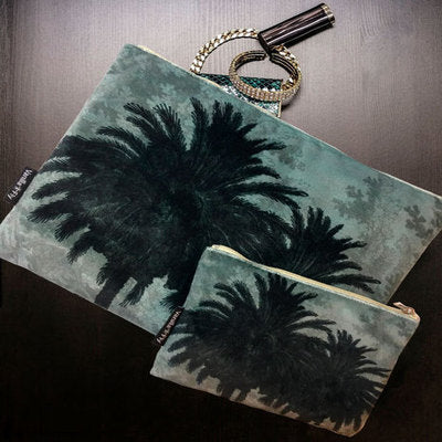 Velvet Makeup Bag & Pouch, Blue Palm. Made from velvet outer side, cream cotton lining, zip opener
