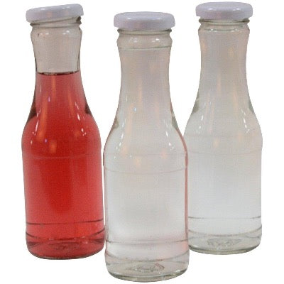 Set of 4 Clear Glass Juice Bottles with White Metal Lid