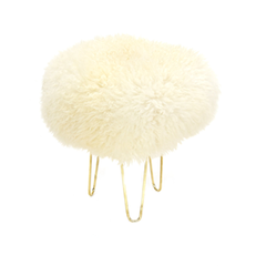Gladys & Charles, Nina Baa British Sheepskin stool, ivory colour, British sheepskin cover, three hairpin legs in rustic gold, removable British sheepskin cover.