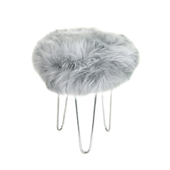 Gladys & Charles, Talulah baa British sheepskin, footstool in sliver, British sheepskin, round base, hairpin legs in chrome